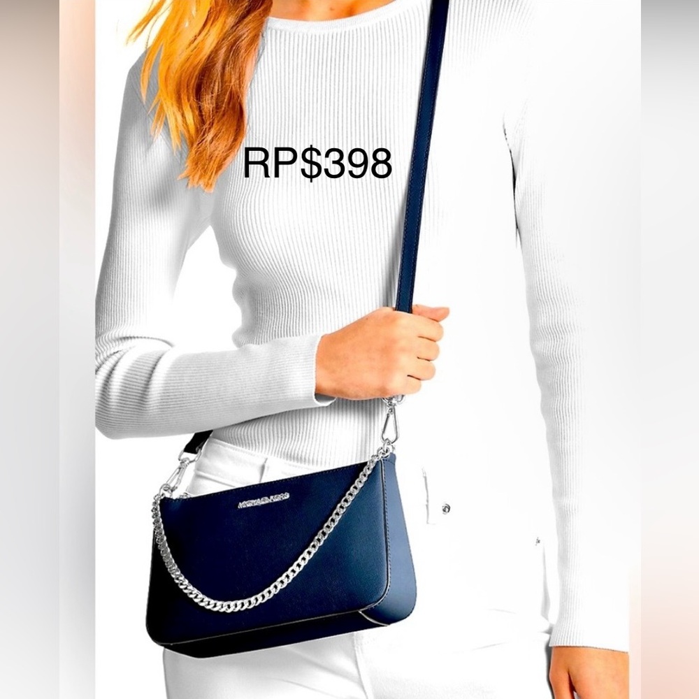 Michael Kors NWT RP$398Navy Leather Crossbody Bag Silver ChainCarryChainOR Strap